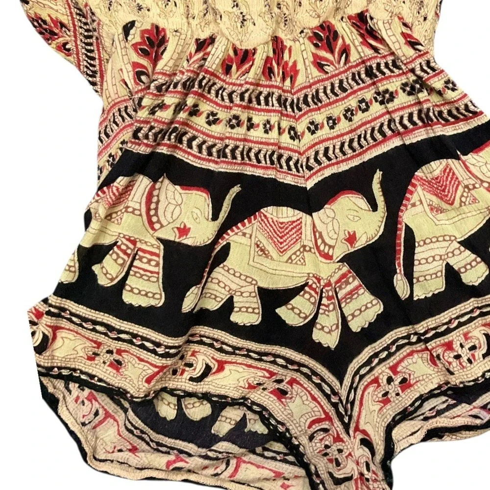 Angie Womens Elephant Print Halter Romper Black Cream Red Boho Festival Size S‎